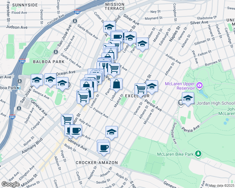 map of restaurants, bars, coffee shops, grocery stores, and more near 305 Russia Avenue in San Francisco