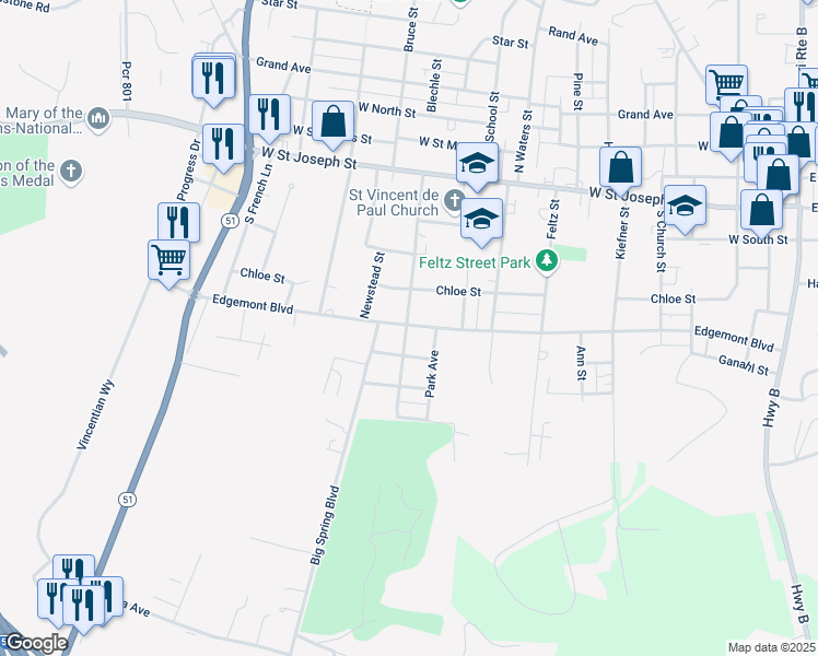 map of restaurants, bars, coffee shops, grocery stores, and more near 1045 Edgemont Boulevard in Perryville