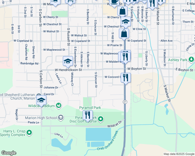 map of restaurants, bars, coffee shops, grocery stores, and more near 1110 South Vicksburg Street in Marion