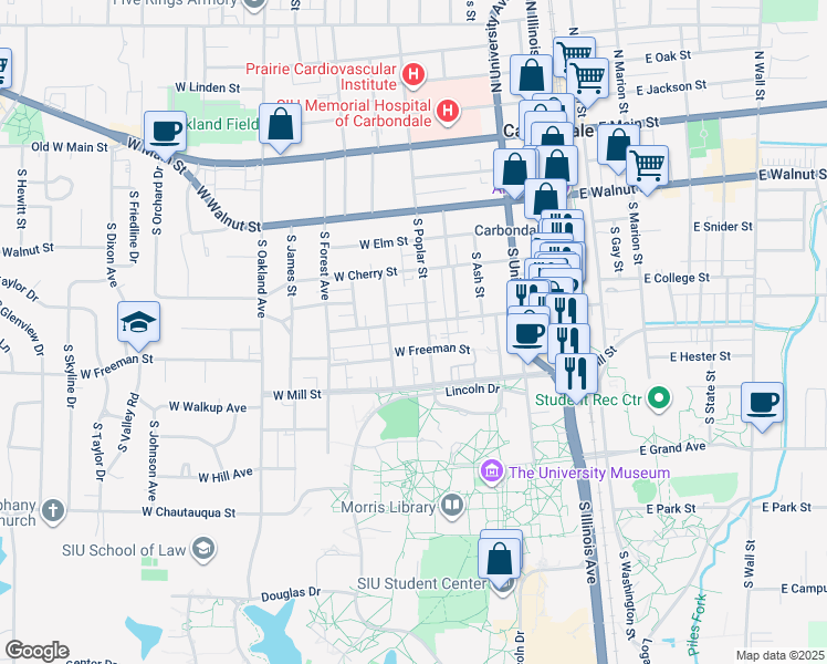 map of restaurants, bars, coffee shops, grocery stores, and more near 700 South Poplar Street in Carbondale