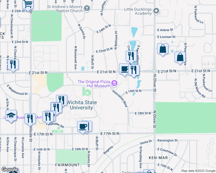 map of restaurants, bars, coffee shops, grocery stores, and more near Mike Oatman Drive in Wichita