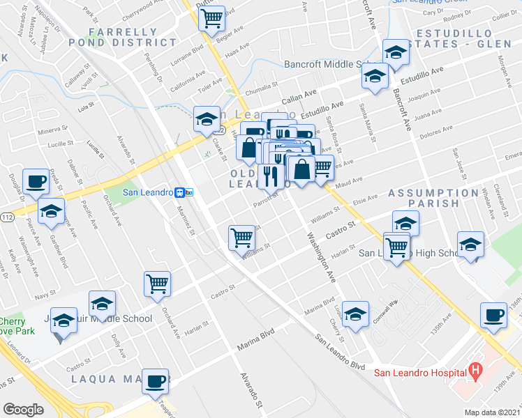 map of restaurants, bars, coffee shops, grocery stores, and more near 359 Parrott Street in San Leandro