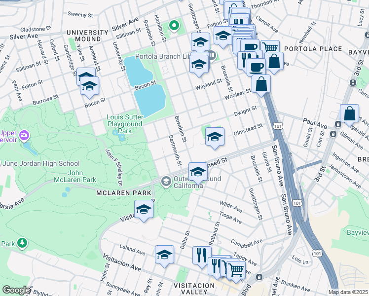 map of restaurants, bars, coffee shops, grocery stores, and more near 827 Dartmouth Street in San Francisco