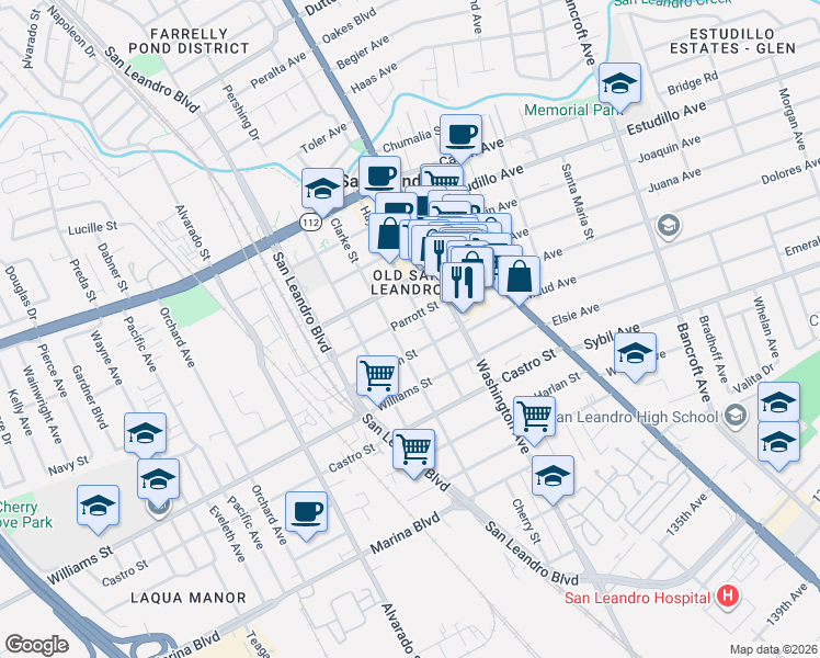 map of restaurants, bars, coffee shops, grocery stores, and more near 343 Thornton Street in San Leandro