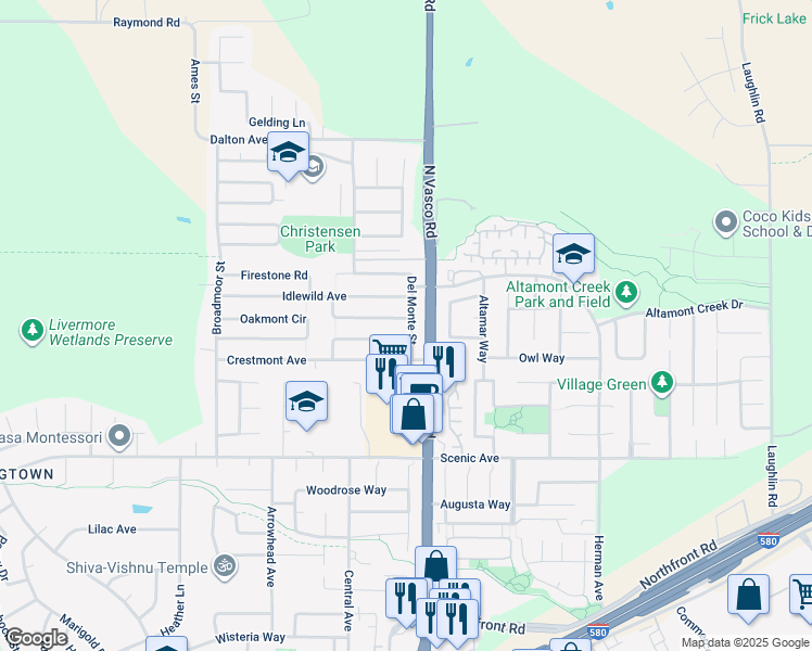 map of restaurants, bars, coffee shops, grocery stores, and more near 5953 Running Hills Avenue in Livermore