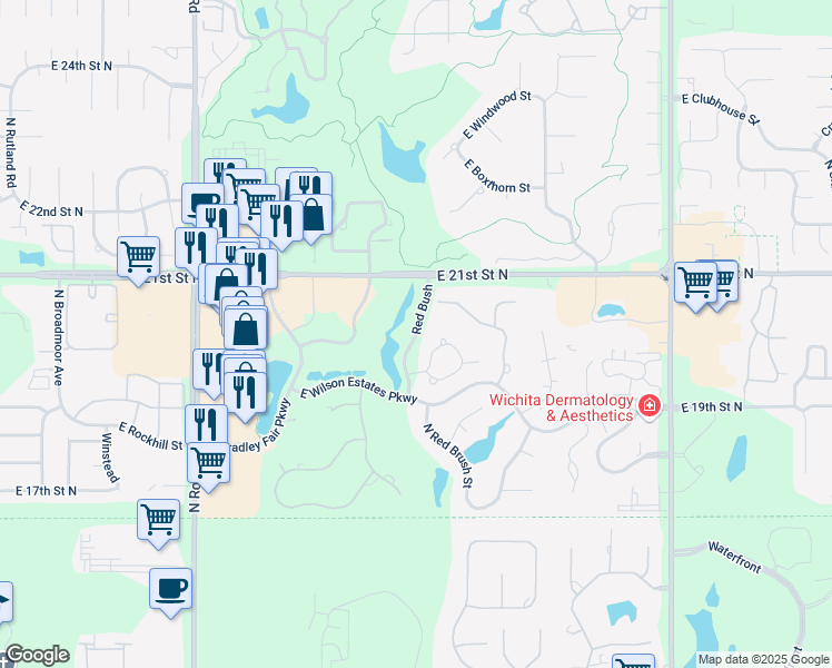 map of restaurants, bars, coffee shops, grocery stores, and more near 1813 Red Brush in Wichita