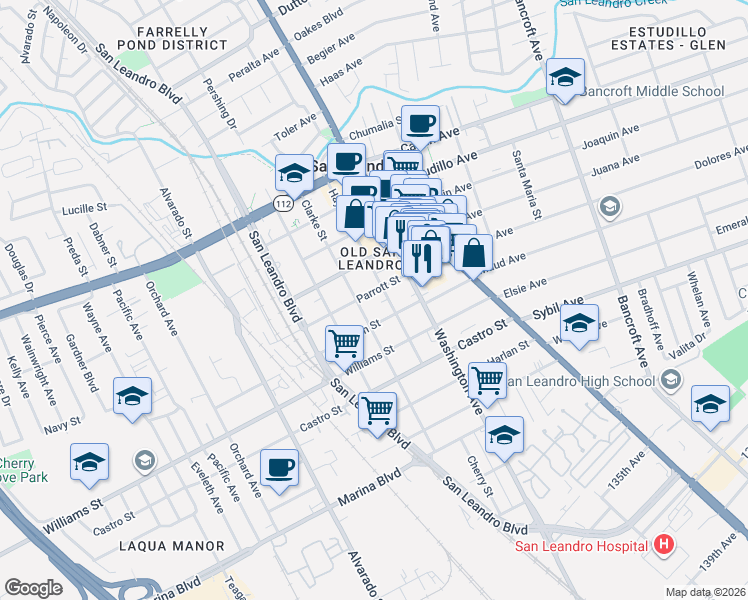 map of restaurants, bars, coffee shops, grocery stores, and more near 343 Thornton Street in San Leandro