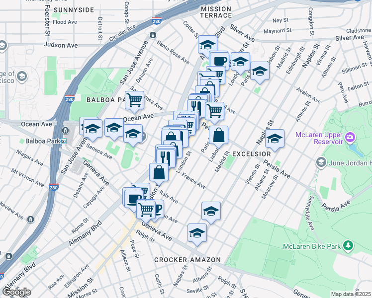 map of restaurants, bars, coffee shops, grocery stores, and more near 4859 Mission Street in San Francisco