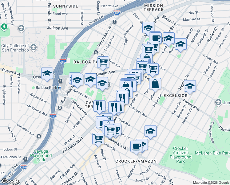 map of restaurants, bars, coffee shops, grocery stores, and more near 4840 Mission Street in San Francisco
