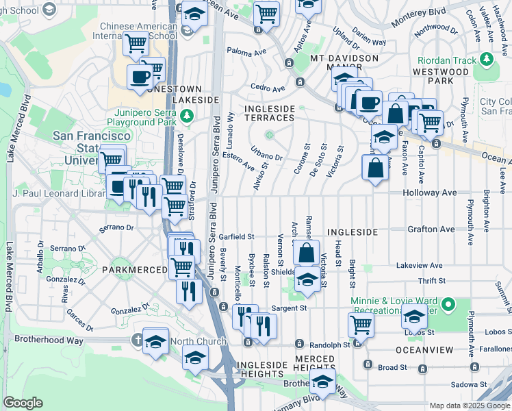 map of restaurants, bars, coffee shops, grocery stores, and more near 448 Ralston Street in San Francisco