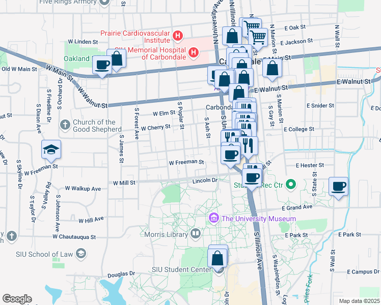 map of restaurants, bars, coffee shops, grocery stores, and more near 700 South Poplar Street in Carbondale