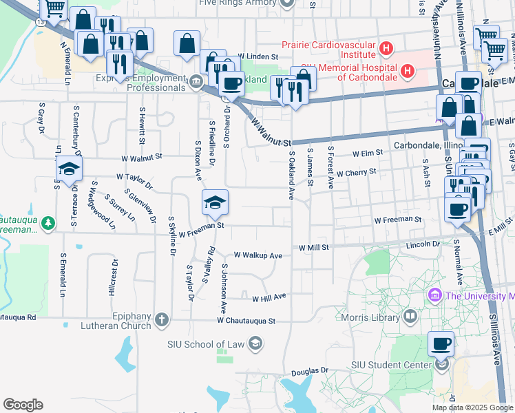 map of restaurants, bars, coffee shops, grocery stores, and more near 1210 West Freeman Street in Carbondale