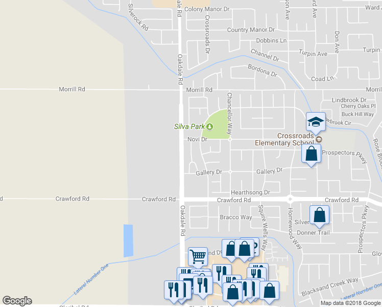 map of restaurants, bars, coffee shops, grocery stores, and more near 5709 Cornerstone Drive in Riverbank