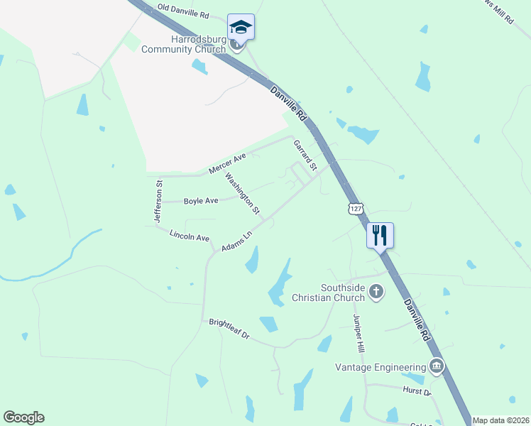 map of restaurants, bars, coffee shops, grocery stores, and more near 225 Adams Lane in Harrodsburg