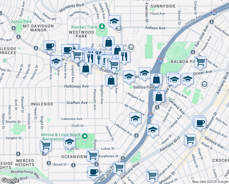 map of restaurants, bars, coffee shops, grocery stores, and more near 122 Lee Avenue in San Francisco