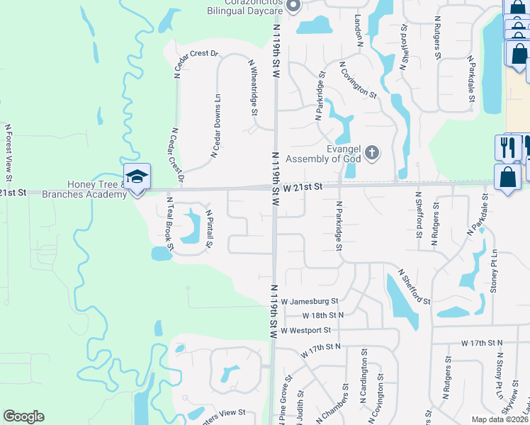 map of restaurants, bars, coffee shops, grocery stores, and more near 2058 Sunridge Court in Wichita