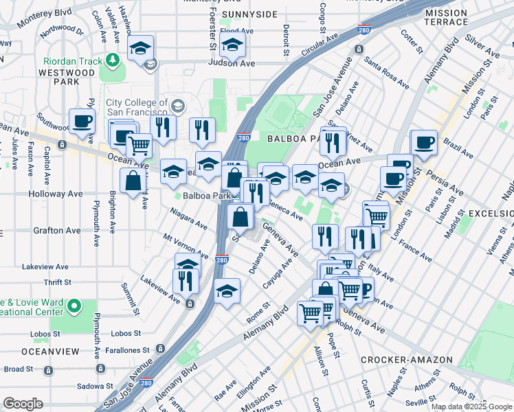 map of restaurants, bars, coffee shops, grocery stores, and more near 2301 San Jose Avenue in San Francisco