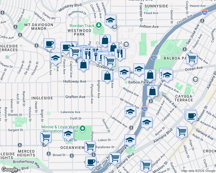 map of restaurants, bars, coffee shops, grocery stores, and more near 122 Lee Avenue in San Francisco