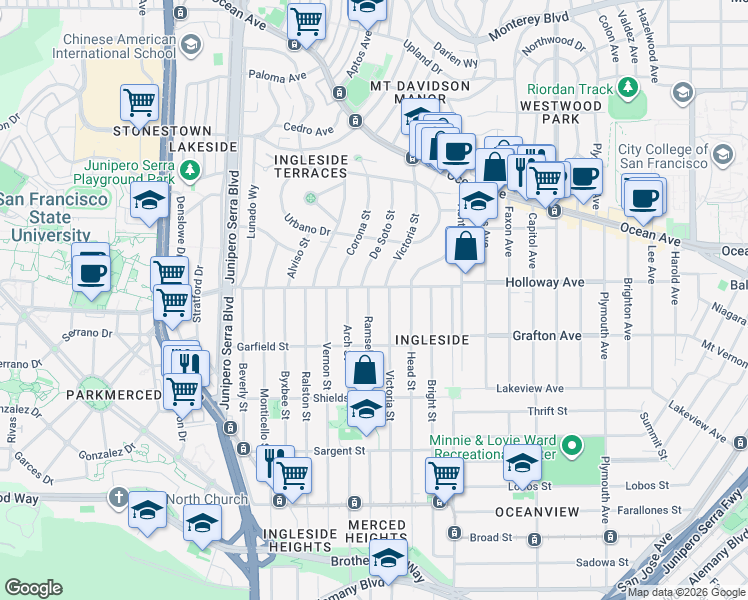 map of restaurants, bars, coffee shops, grocery stores, and more near 540 Ramsell Street in San Francisco