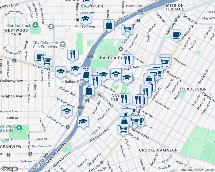 map of restaurants, bars, coffee shops, grocery stores, and more near 300 Seneca Avenue in San Francisco