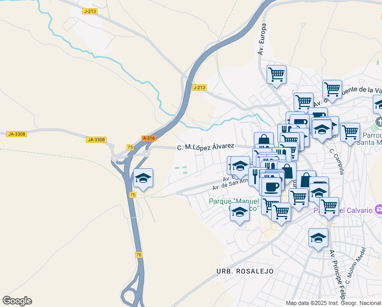 map of restaurants, bars, coffee shops, grocery stores, and more near 30 Calle Deportes in Martos
