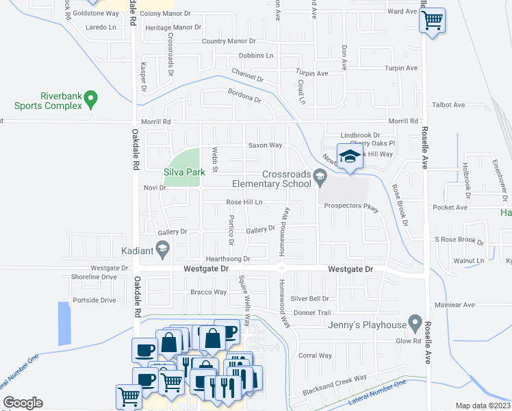 map of restaurants, bars, coffee shops, grocery stores, and more near 2508 Rose Hill Lane in Riverbank