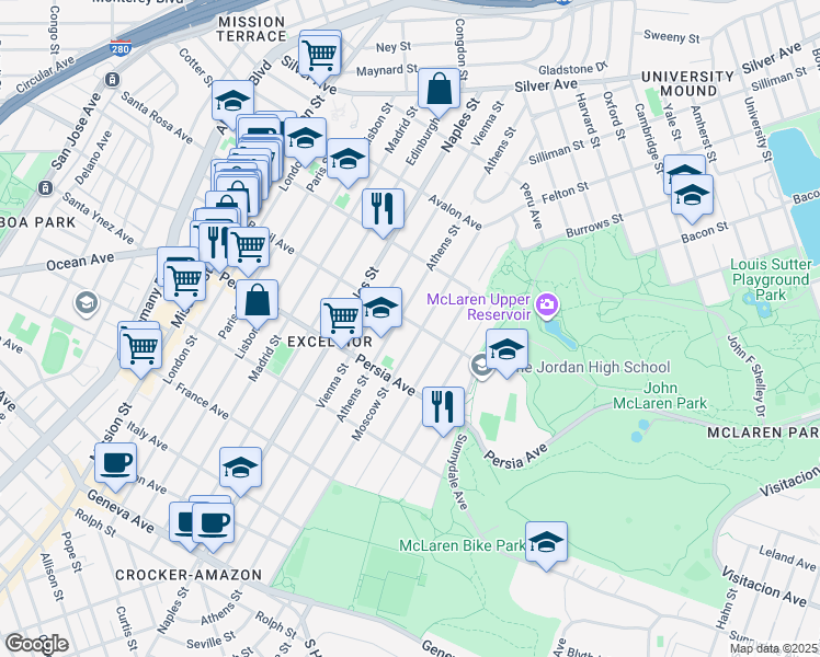 map of restaurants, bars, coffee shops, grocery stores, and more near 822 Brazil Avenue in San Francisco
