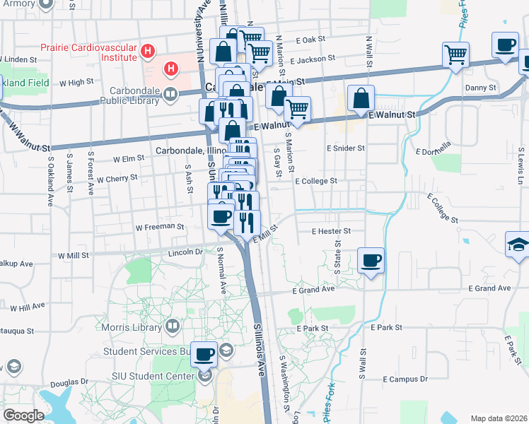map of restaurants, bars, coffee shops, grocery stores, and more near 171-199 East College Street in Carbondale