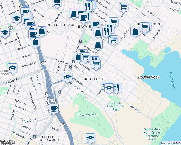 map of restaurants, bars, coffee shops, grocery stores, and more near 1247 Fitzgerald Avenue in San Francisco