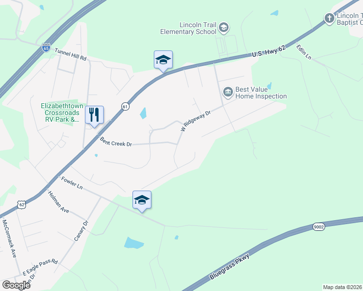 map of restaurants, bars, coffee shops, grocery stores, and more near 227 West Ridgeway Drive in Elizabethtown