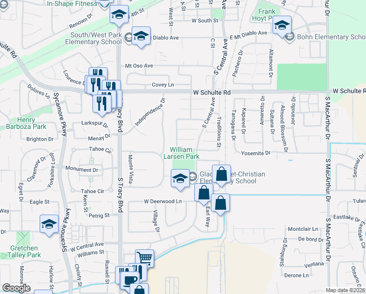 map of restaurants, bars, coffee shops, grocery stores, and more near 165 Edward Court in Tracy