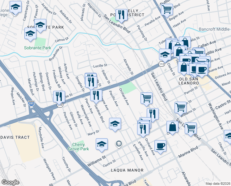 map of restaurants, bars, coffee shops, grocery stores, and more near 1001 California 112 in San Leandro