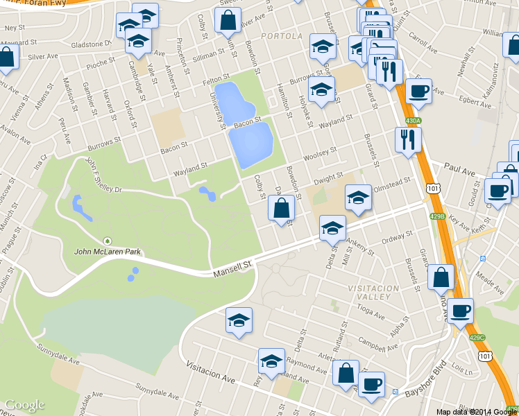 map of restaurants, bars, coffee shops, grocery stores, and more near 656 Colby Street in San Francisco
