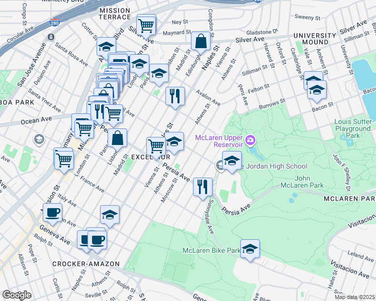 map of restaurants, bars, coffee shops, grocery stores, and more near 731 Brazil Avenue in San Francisco