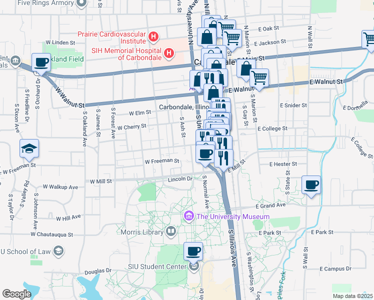 map of restaurants, bars, coffee shops, grocery stores, and more near 520 South University Avenue in Carbondale