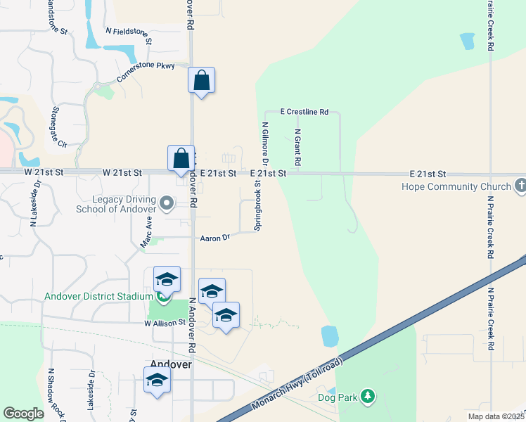 map of restaurants, bars, coffee shops, grocery stores, and more near 2020 Springbrook in Andover