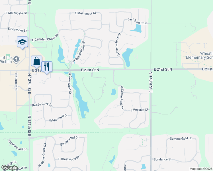 map of restaurants, bars, coffee shops, grocery stores, and more near 2102 Clear Creek Street in Wichita