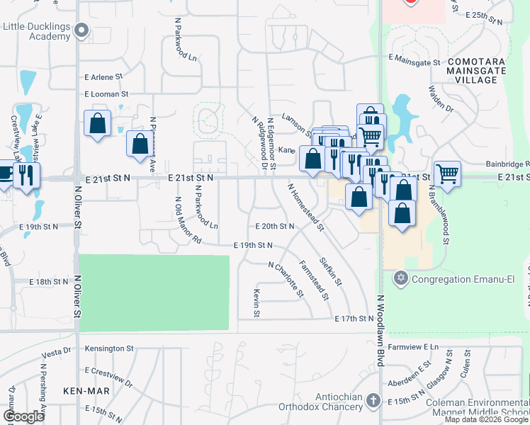 map of restaurants, bars, coffee shops, grocery stores, and more near 2119 North Malcolm Street in Wichita