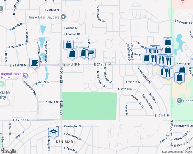 map of restaurants, bars, coffee shops, grocery stores, and more near 5111 East 21st Street North in Wichita