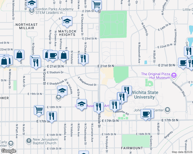 map of restaurants, bars, coffee shops, grocery stores, and more near 3121 East Shadybrook Street in Wichita