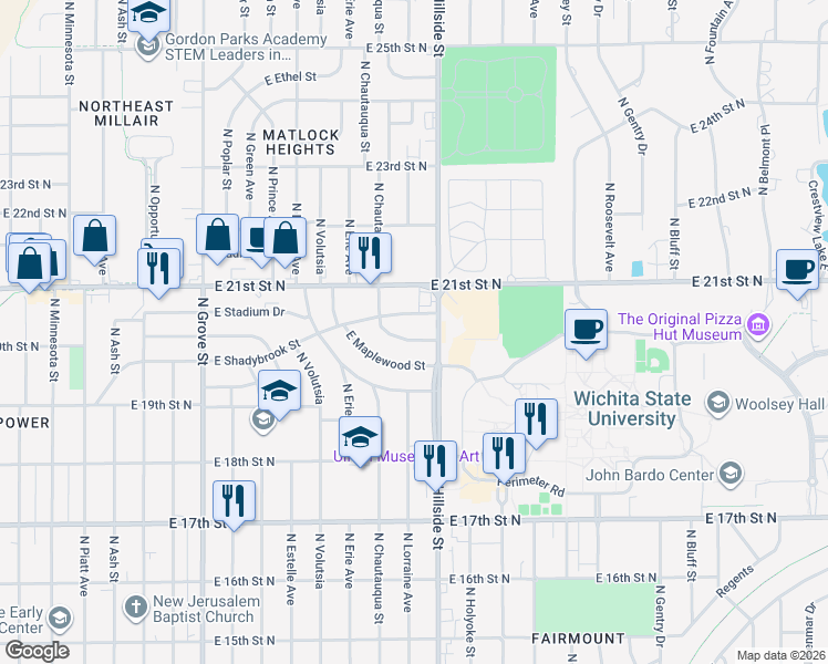 map of restaurants, bars, coffee shops, grocery stores, and more near 3000-3198 Shadybrook St in Wichita