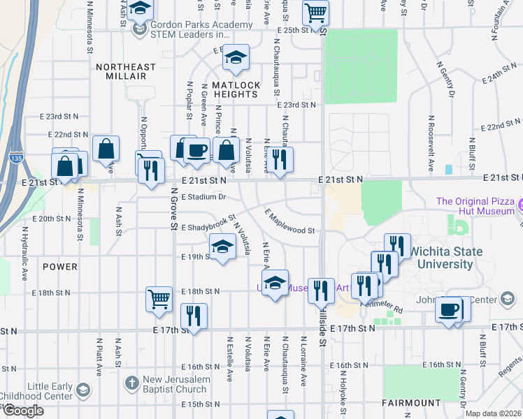 map of restaurants, bars, coffee shops, grocery stores, and more near 2116 North Erie Street in Wichita