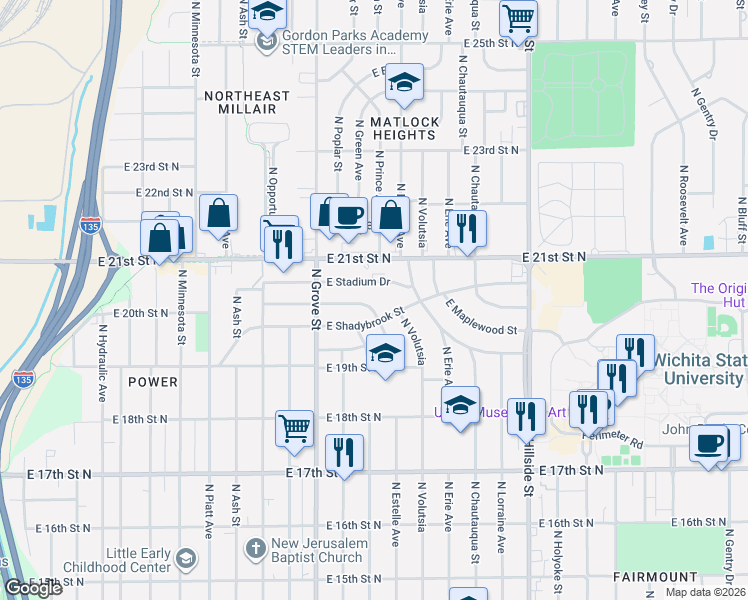 map of restaurants, bars, coffee shops, grocery stores, and more near 2620 East Stadium Drive in Wichita