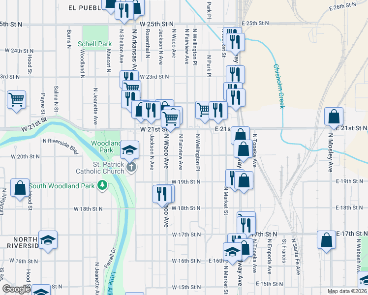 map of restaurants, bars, coffee shops, grocery stores, and more near 355 West 21st Street in Wichita