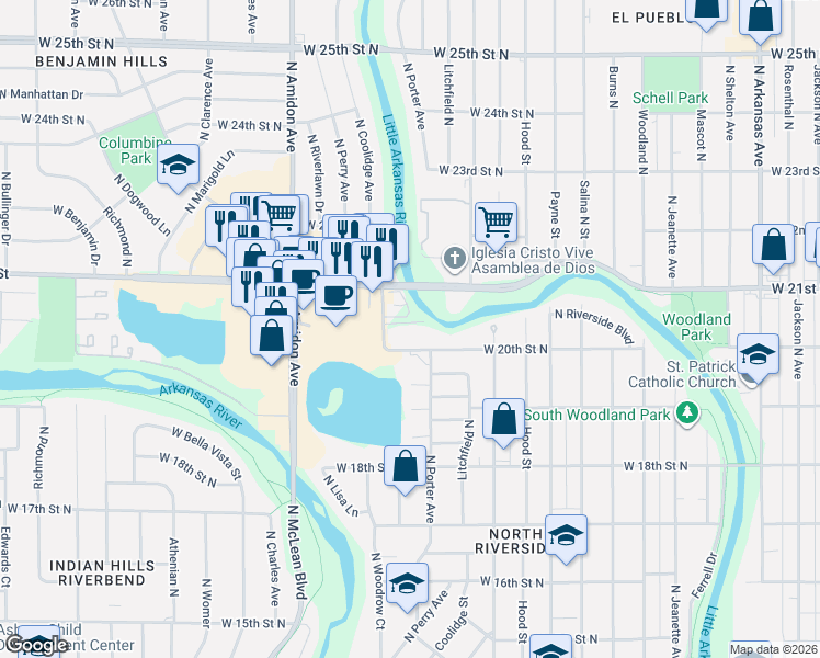 map of restaurants, bars, coffee shops, grocery stores, and more near 2120 Woodrow Street in Wichita