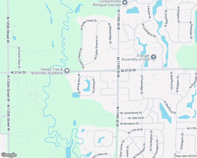 map of restaurants, bars, coffee shops, grocery stores, and more near 2126 North Pin Tail Court in Wichita