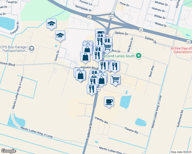 map of restaurants, bars, coffee shops, grocery stores, and more near 5000 Frederica Street in Owensboro