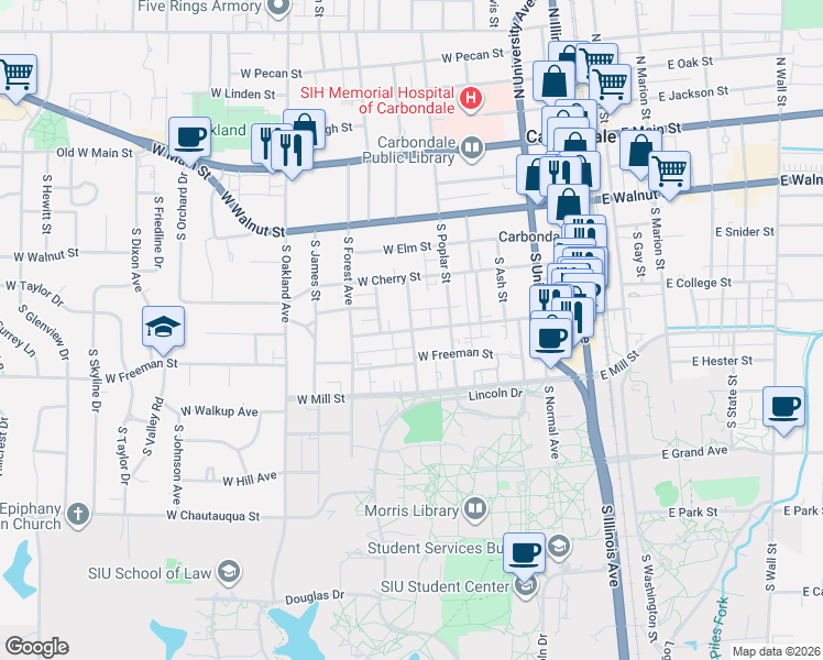 map of restaurants, bars, coffee shops, grocery stores, and more near 511 South Rawlings Street in Carbondale