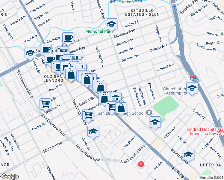 map of restaurants, bars, coffee shops, grocery stores, and more near 418 Sybil Avenue in San Leandro