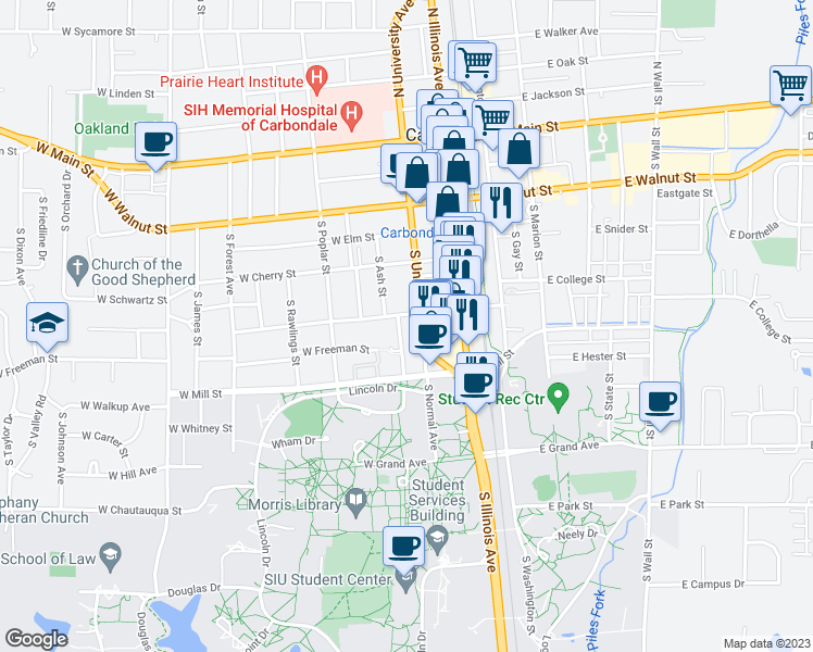 map of restaurants, bars, coffee shops, grocery stores, and more near 604 South University Avenue in Carbondale